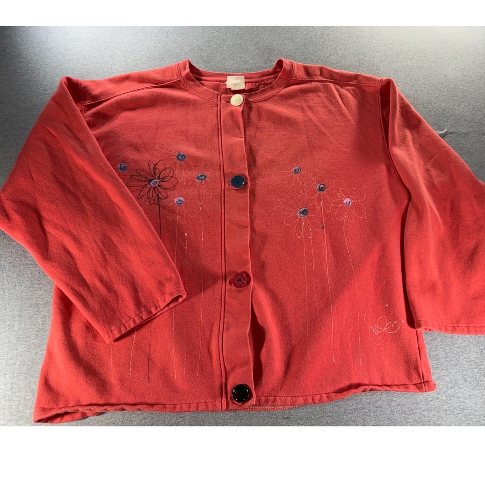 Kunkys Hand Painted Floral Cardigan Sweatshirt Coral Pink 2X Plus Size Art Wear